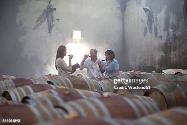 three people tasting wine in cellar - wine tasting stock-fotos und bilder