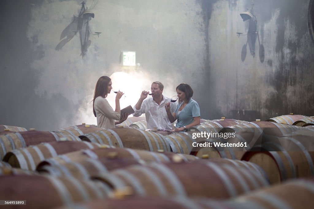 Three people tasting wine in cellar