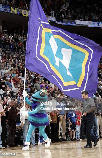 Hugo, mascot for the New Orleans/Oklahoma City Hornets, celebrates the Hornets victory over the Houston Rockets at the Ford Center on December 28,...