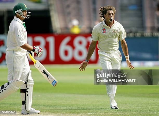 Australian bowler Andrew Symonds celebrates dismissing South Africa batsman Jacques Kallis on the fourth day of the second Test Match being played at...