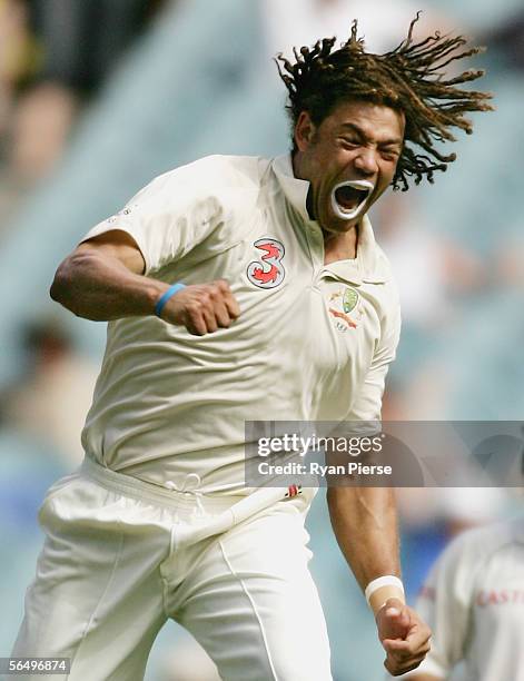 Andrew Symonds of Australia celebrates after bowling Jacques Rudolph of South Africa during day four of the Second Test between Australia and South...