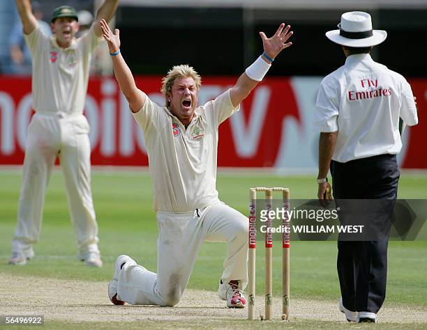 Australian spinner Shane Warne appeals for an LBW decision against a South Africa batsman on the fourth day of the second Test Match being played at...