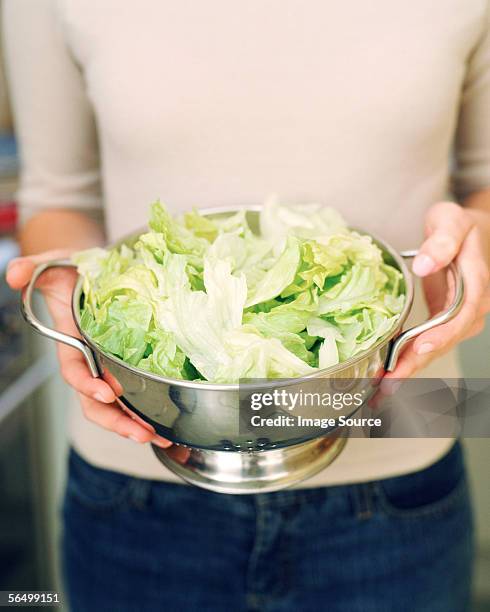 woman holding freshly washed iceberg lettuce - lettuce stock pictures, royalty-free photos & images