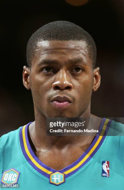 Desmond Mason of the New Orleans/Oklahoma City Hornets looks on against the Orlando Magic during a game at TD Waterhouse Centre on November 19, 2005...