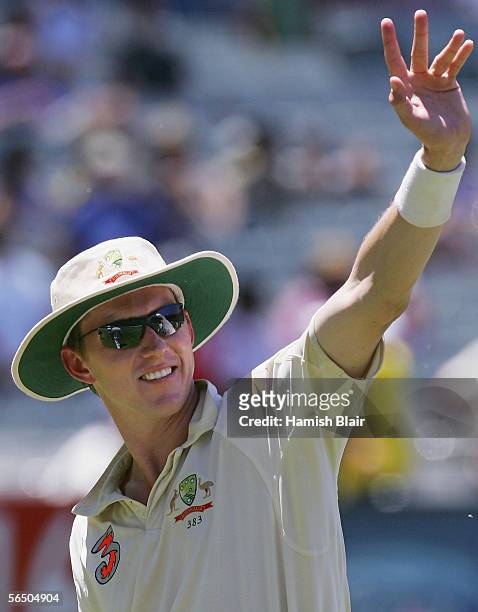 Brett Lee of Australia waves into the crowd as he leaves the field at the end of the match during day five of the Second Test between Australia and...