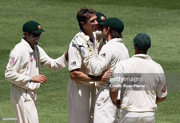 Glenn McGrath of Australia celebrates the wicket of Andre Nel of South Africa during day five of the Second Test between Australia and South Africa...