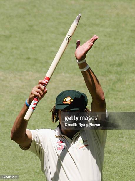 Andrew Symonds of Australia celebrates victory during day five of the Second Test between Australia and South Africa played at the M.C.G. December...