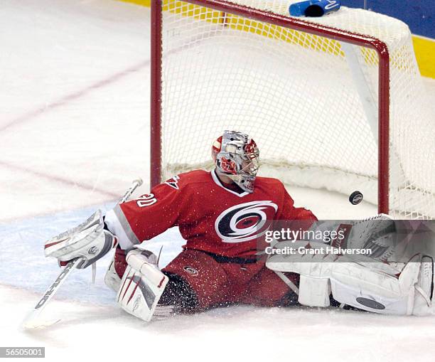 Goaltender Cam Ward of the Carolina Hurricanes makes a save against the Philadephia Flyers during their NHL game on December 29, 2005 at the RBC...