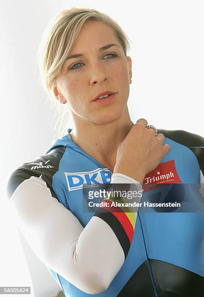 German Speedskater Anni Friesinger looks on during the making of a DKB advertising film at the Sports-Form Hohenschoenhausen on December 30, 2005 in...