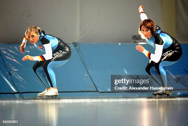 German Speedskater Anni Friesinger and Claudia Pechstein seen during the making of a DKB advertising film at the Sports-Form Hohenschoenhausen on...