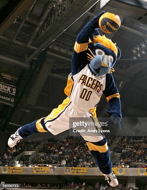 Mascot "Boomer" of the Indiana Pacers performs during a timeout in the NBA game against the Toronto Raptors on December 30, 2005 at Conseco...