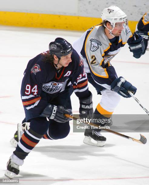 Ryan Smyth of the Edmonton Oilers and Dan Hamhuis of the Nashville Predators during the Predators v Oilers game at the Rexall Place December 30, 2005...
