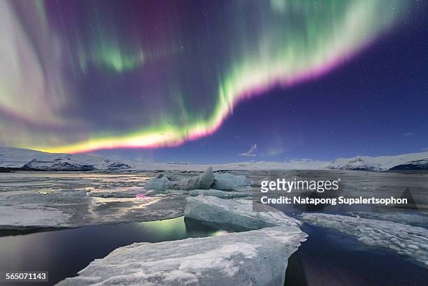 aurora displays over jokulsarlon glacier lagoon - jokulsarlon lagoon fotografías e imágenes de stock
