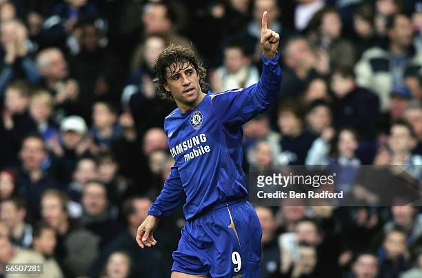 Hernan Crespo of Chelsea celebrates scoring a goal during the Barclays Premiership match between Chelsea and Birmingham City at Stamford Bridge on...