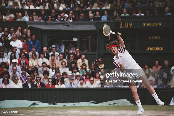 John McEnroe of the United States serves to Bjorn Borg of Sweden during the Men's Singles Final match at the Wimbledon Lawn Tennis Championship on...