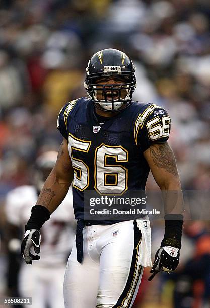 Linebacker Shawn Merriman of the San Diego Chargers celebrates his sack of quarterback Jake Plummer of the Denver Broncos during the 1st half of...