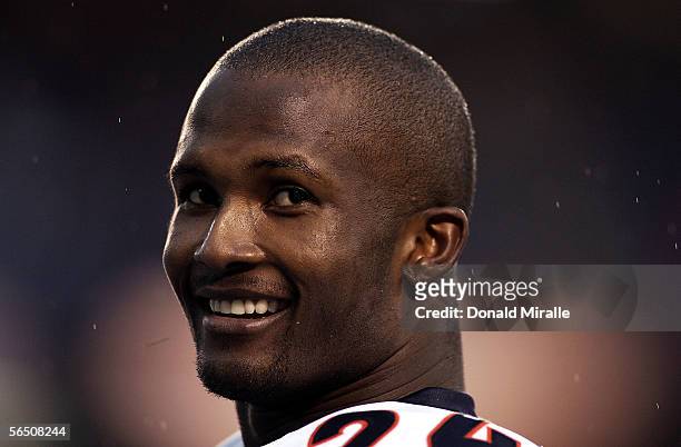 Cornerback Champ Bailey of the Denver Broncos smiles from the sidelines in the final minutes of the 2nd half of their NFL Game on December 31, 2005...