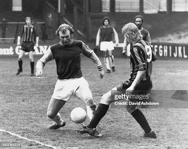 English footballer Bobby Moore in action for West Ham reserves against Plymouth Argyle reserves at West Ham's Boleyn Ground , 9th March 1974. This is...