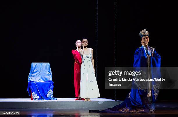 From left, Chinese dancers Lu Na and Wang Qimin , with Kunqu Opera singer Yu Xuejiao perform in the American premiere of the National Ballet of...
