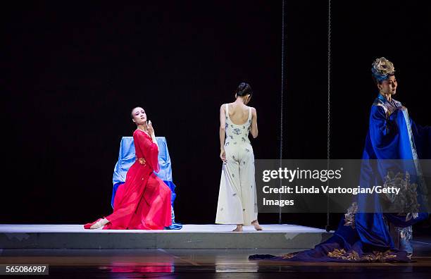 From left, Chinese dancers Lu Na and Wang Qimin , with Kunqu Opera singer Yu Xuejiao perform in the American premiere of the National Ballet of...