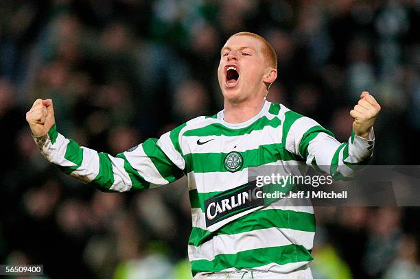 Celtic's Neil Lennon celebrates his teams third goal during the Scottish Premier division match between Hearts and Celtic at Tynecastle stadium on...