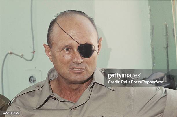 Israeli military leader and Defense Minister of Israel, Moshe Dayan pictured at a press conference in Gaza, Palestine on 5th July 1967 after the end...