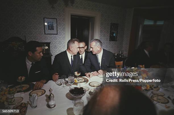 View of Premier of the Soviet Union, Alexei Kosygin 2nd from left and President of the United States, Lyndon B. Johnson 4th from left, pictured in...