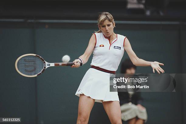 Chris Evert-Lloyd of the United States plays a forehand return during the Women's Singles Semi Final match against Pam Shriver at the Wimbledon Lawn...