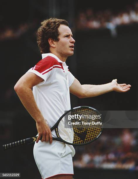 John McEnroe of the United States appeals a decision during his Men's Singles Fourth Round match against Chris Lewis at the Wimbledon Lawn Tennis...