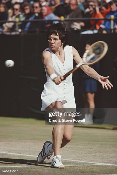 Billie Jean King of the United States during the Women's Singles Quarter Final match against Chris Evert-Lloyd at the Wimbledon Lawn Tennis...