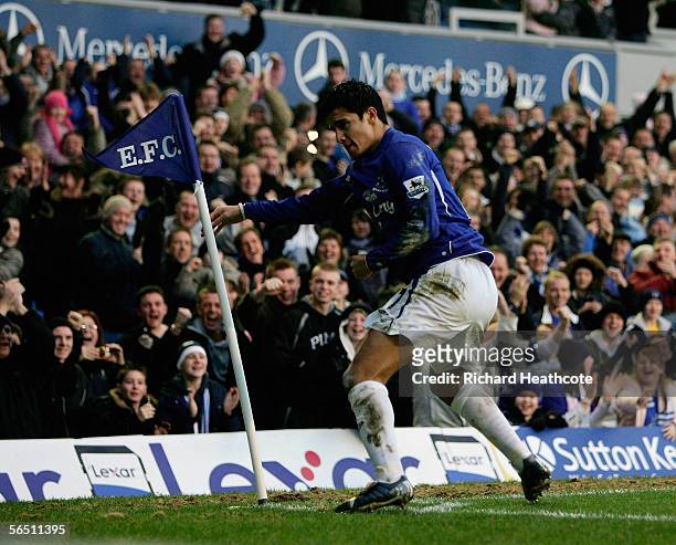 Tim Cahill of Everton celebrates scoring the second goal during the Barclays Premiership match between Everton and Charlton Athletic at Goodison Park...