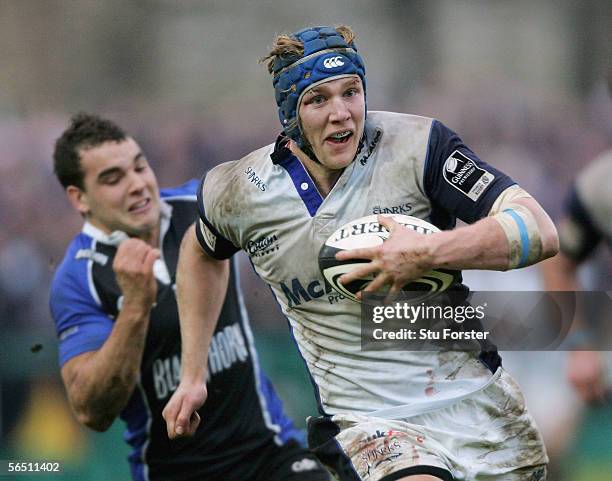 Sale forward Magnus Lund races away from Olly Barkley and heads for the try line to score Sale's second Try during the Guinness Premiership game...