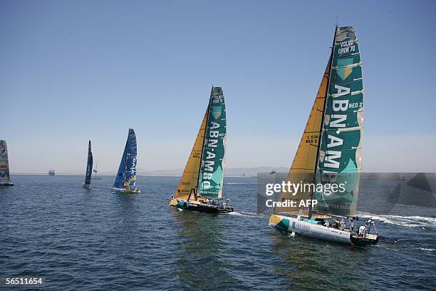 Cape Town, SOUTH AFRICA: ABN AMRO ONE and TWO sail off Cape Town 02 January 2006 as boats head into the Southern Ocean for the passage to Melbourne,...