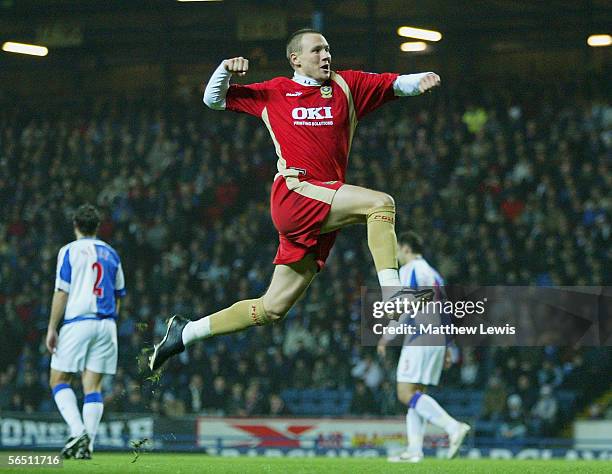 Matthew Taylor of Portsmouth celebrates his goal during the Barclays Premiership match between Blackburn Rovers and Portsmouth at Ewood Park on...