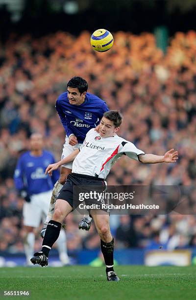 Tim Cahill of Everton beats Matt Holland of Charlton to a header during the Barclays Premiership match between Everton and Charlton Athletic at...