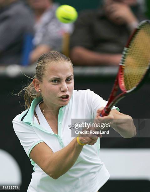 Jelena Dokic of Australia returns a shot during her first round round match aginst Julia Schruff of Germany at the ASB Classic tennis tournament...
