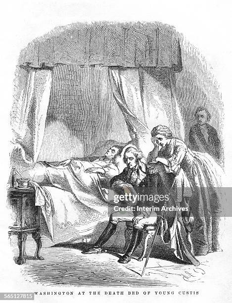 Engraving entitled 'Washington at the Death Bed of Young Custis' depicts George Washington as he sits at the deathbed of his son by marriage, John...