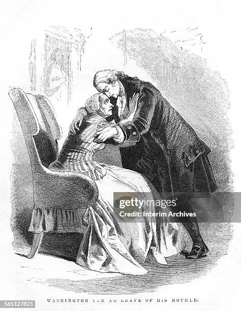 Engraving entitled 'Washington Taking Leave of His Mother' depicts George Washington as he says goodbye to his mother, Mary Ball Washington, after...