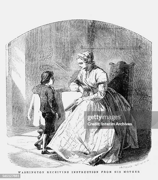 Engraving entitled 'Washington Receiving Instruction from His Mother' depicts a young George Washington as he listens to his mother, Mary Ball...