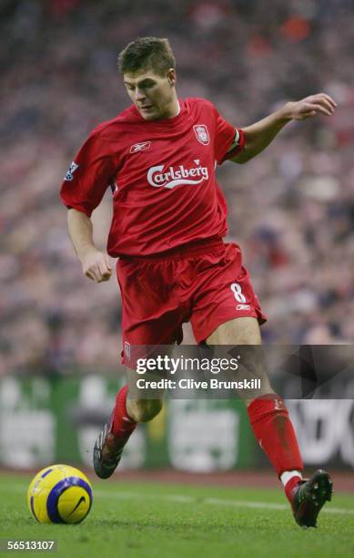 Steven Gerrard of Liverpool in action during the Barclays Premiership match between Liverpool and West Bromwich Albion at Anfield on December 31,...
