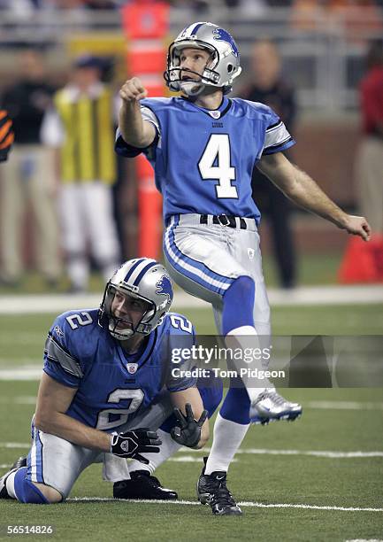 Jason Hanson of the Detroit Lions kicks during the NFL game with the Cincinnati Bengals at Ford Field on December 18, 2005 in Detroit, Michigan. The...