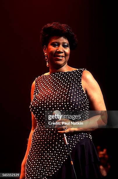 American musician Aretha Franklin performs on stage at the Chicago Theater, Chicago, Illinois, December 15, 1986.