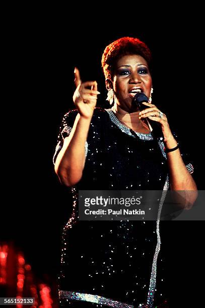American musician Aretha Franklin performs on stage at the Hyatt Hotel during the 1985 NBA All-Star Game celebration, Chicago, Illinois, April 18,...