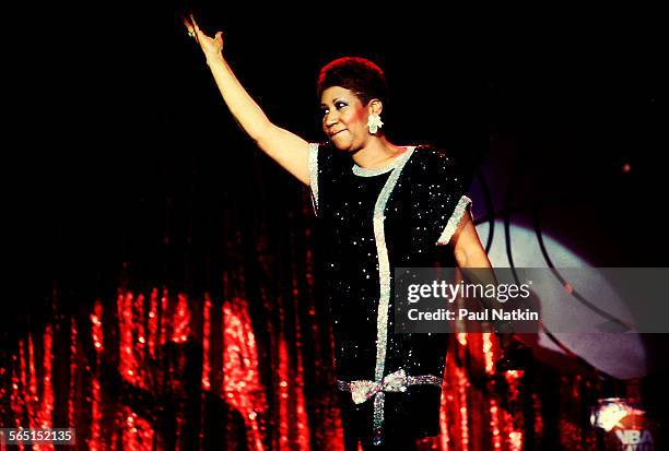 American musician Aretha Franklin performs on stage at the Hyatt Hotel during the 1985 NBA All-Star Game celebration, Chicago, Illinois, April 18,...