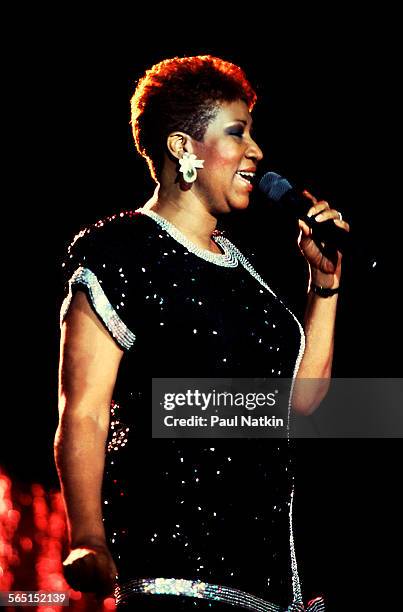 American musician Aretha Franklin performs on stage at the Hyatt Hotel during the 1985 NBA All-Star Game celebration, Chicago, Illinois, April 18,...