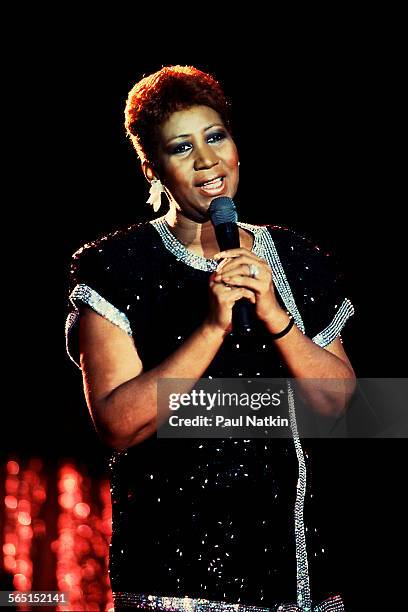 American musician Aretha Franklin performs on stage at the Hyatt Hotel during the 1985 NBA All-Star Game celebration, Chicago, Illinois, April 18,...