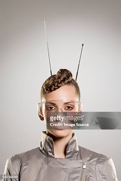 woman with goggles and antenna - gray alien stock pictures, royalty-free photos & images