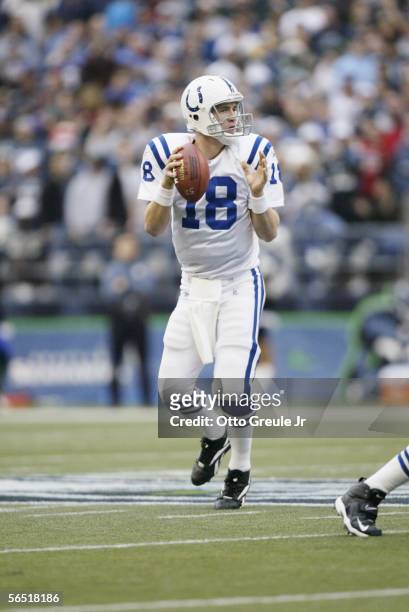 Quarterback Peyton Manning of the Indianapolis Colts drops back to pass against the Seattle Seahawks at Qwest Field on December 24, 2005 in Seattle,...