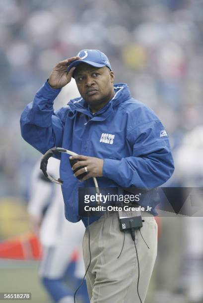 Assistant head coach Jim Caldwell of the Indianapolis Colts looks on against the Seattle Seahawks at Qwest Field on December 24, 2005 in Seattle,...