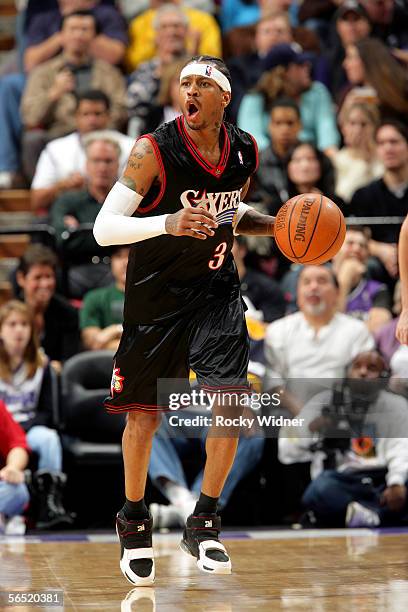 Allen Iverson of the Philadelphia 76ers brings the ball up court against the Sacramento Kings on January 3, 2006 at the ARCO Arena in Sacramento,...